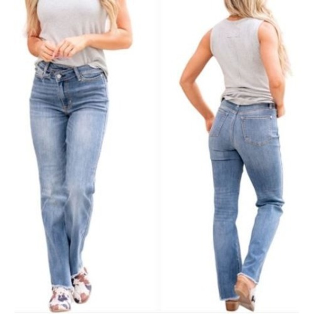Judy Blue Womens 14W Dad Jean Blue High Rise Raw Hem Stretch Denim JB82455MD-PL